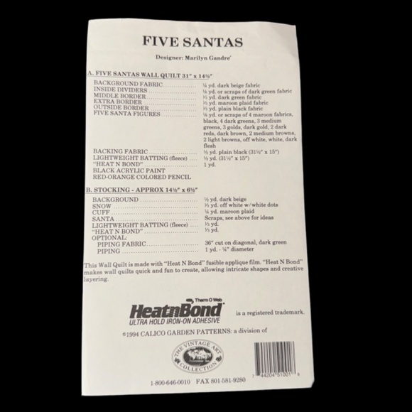 Five Santas Wall Quilt & Stocking Pattern Calico Garden Patterns Christmas - Picture 4 of 4